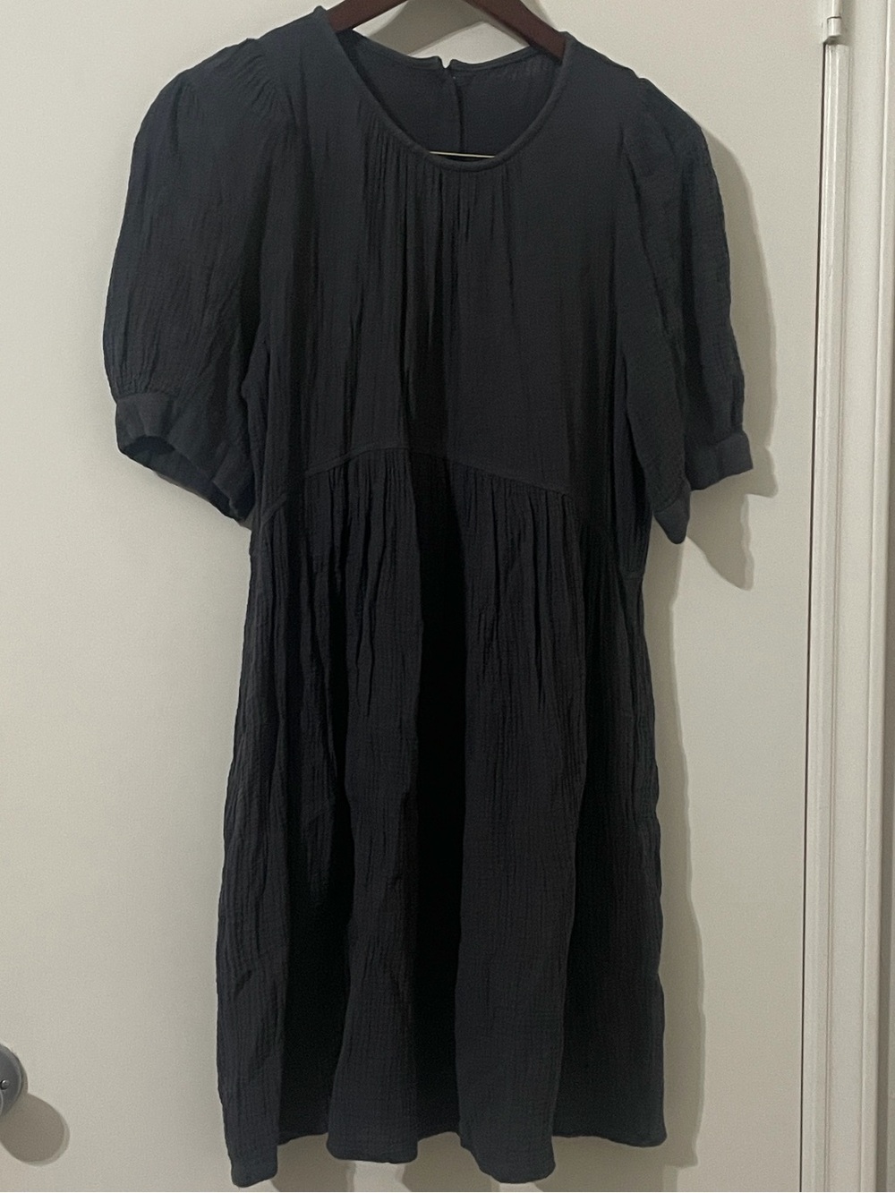 Dark Gray Gauze Short Sleeve Babydoll Dress Size M Pockets Casual